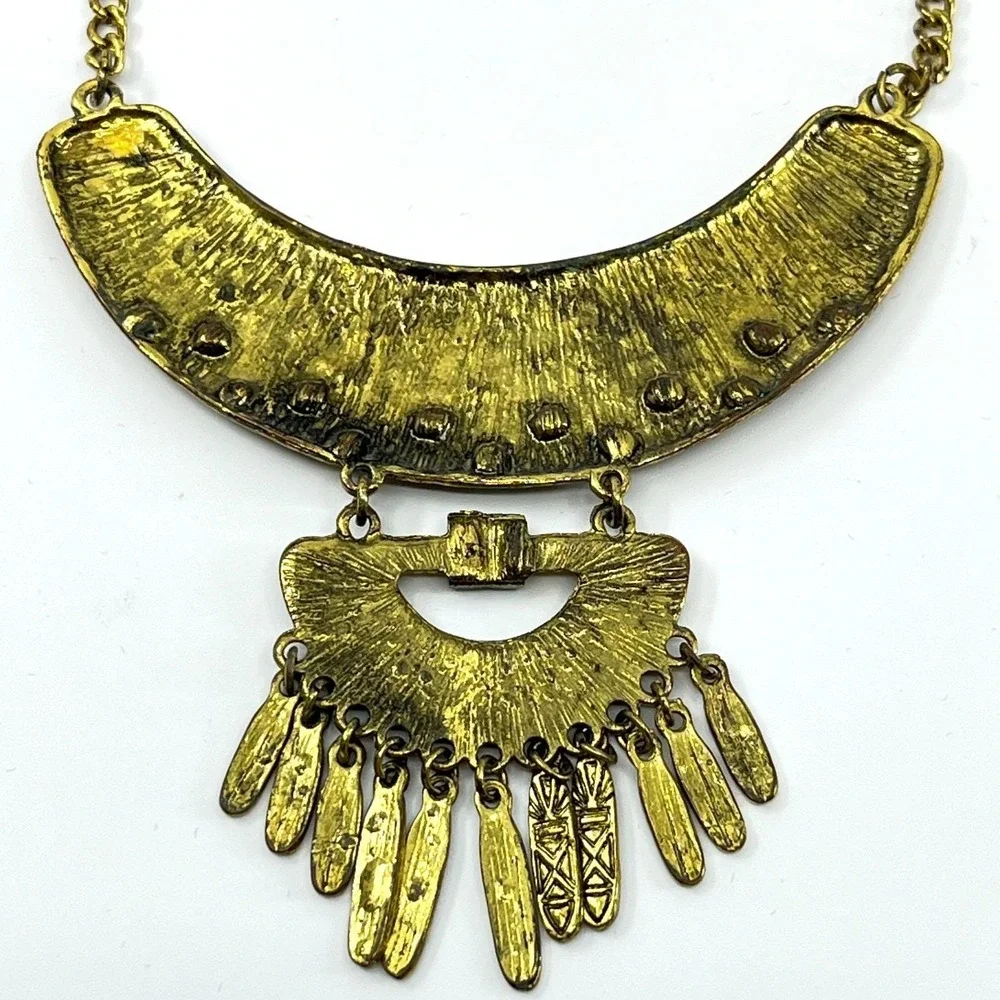 VTG Retro Antique Gold Tone Bib Statement Necklace Boho Turquoise‎ Color Accents